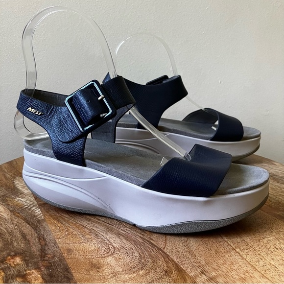 MBT | Manni 2 Navy Leather Ankle Strap Dress Orthotic Rocker Sole Sandals - Picture 2 of 8